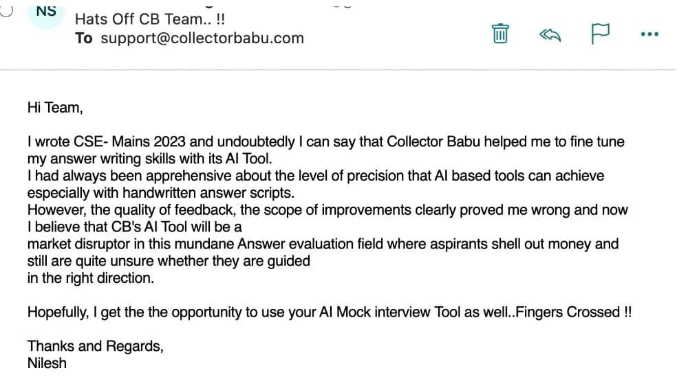 Mail to support from Nilesh (CSE interview) about CollectorBabu