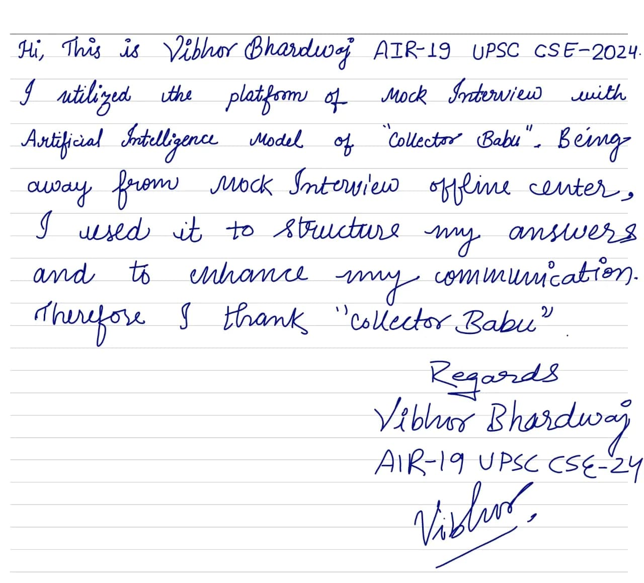 Handwritten note from Vibhor Bhardwaj (AIR 19) about CollectorBabu