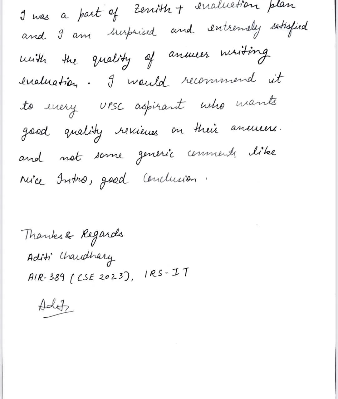 Handwritten note from Aditi Chaudhary (AIR 389 · IRS-IT) about CollectorBabu